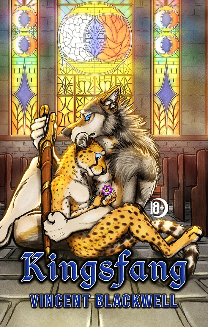 Kingsfang by Vincent Blackwell: a wolf holding a sword embraces a spotted cat before stained-glass windows.